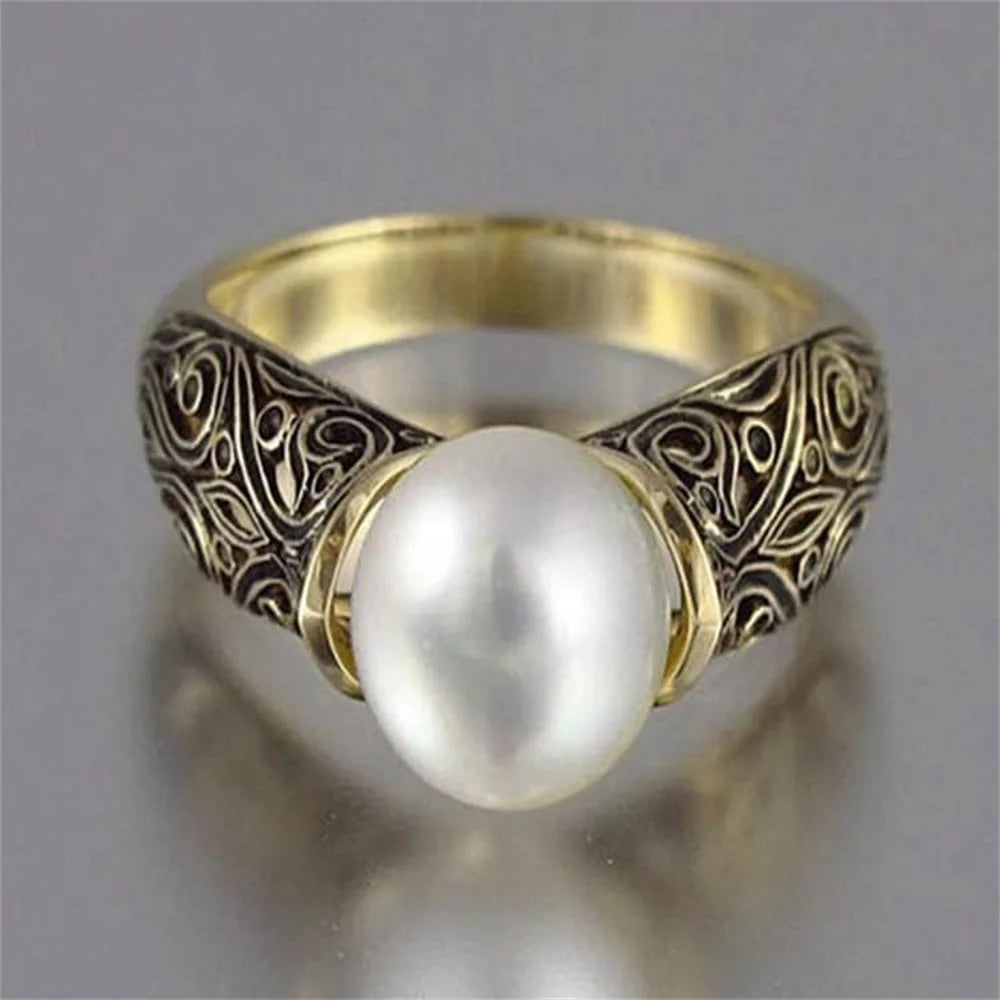 Vintage Inspired Faux White Pearl Two-Tone Ring with Cubic Zirconia & Zinc Alloy
