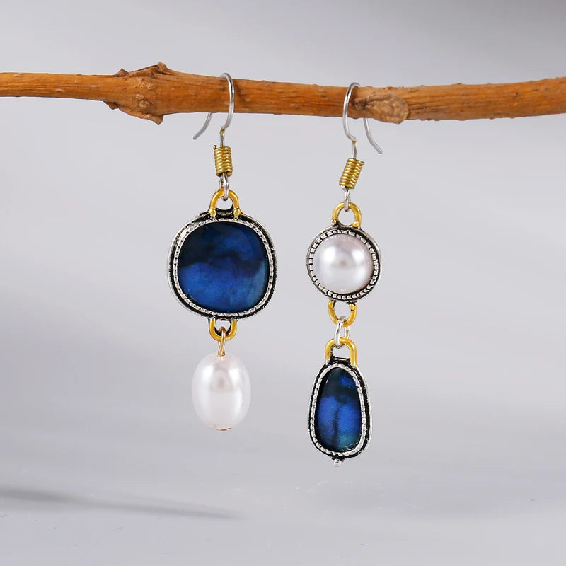 Boho Faux Pearl Blue Stone Dangle Alloy Earrings
