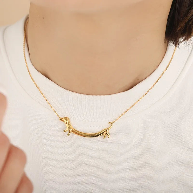 Golden Zinc Alloy Dachshund Sausage Dog Necklace