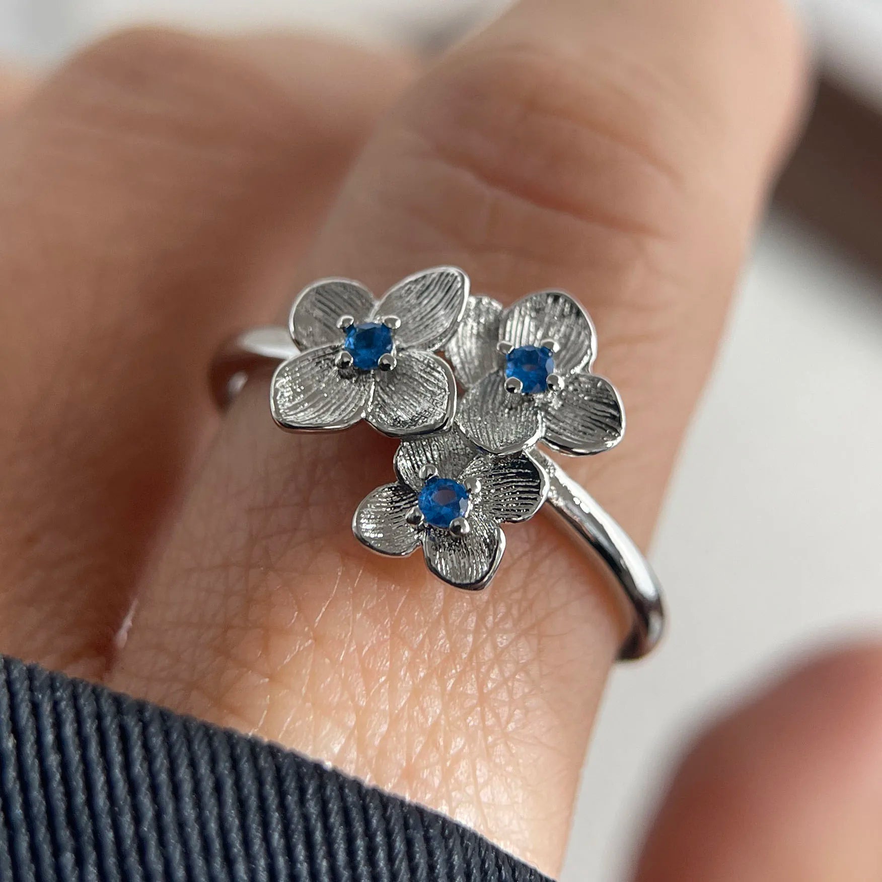 925 Sterling Silver Blue Flower Zircon Adjustable Ring