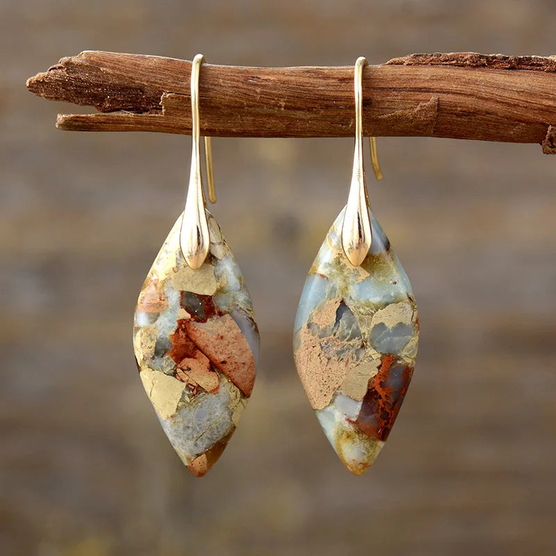 Bohemia Gold Plated Multicolored Natural Stone Leaf Shaped Earrings