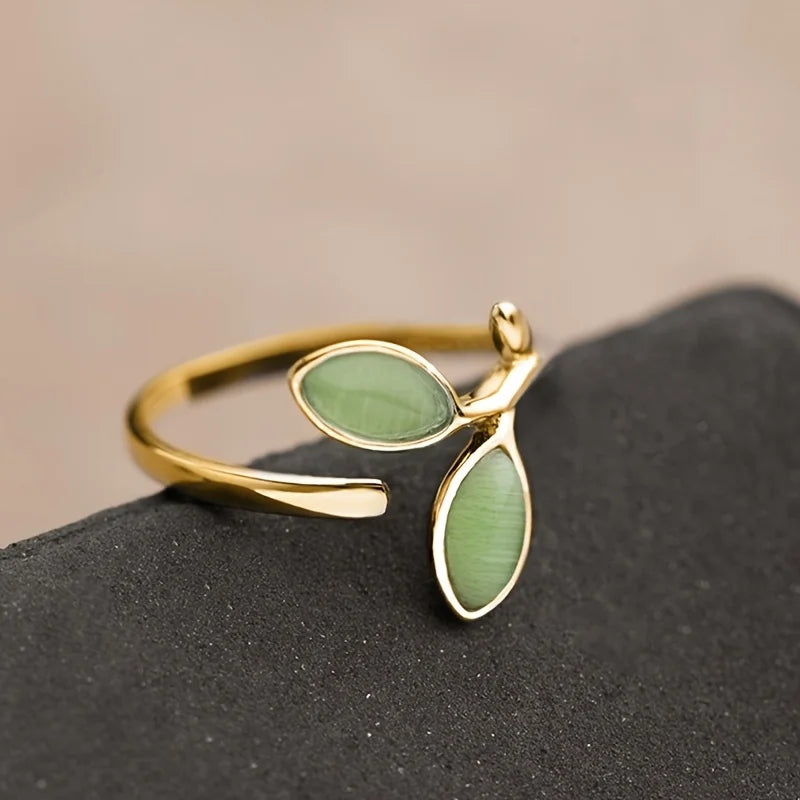 Elegant Enamel Green Leaf Ring - Adjustable Open Vine Design, Copper Plated