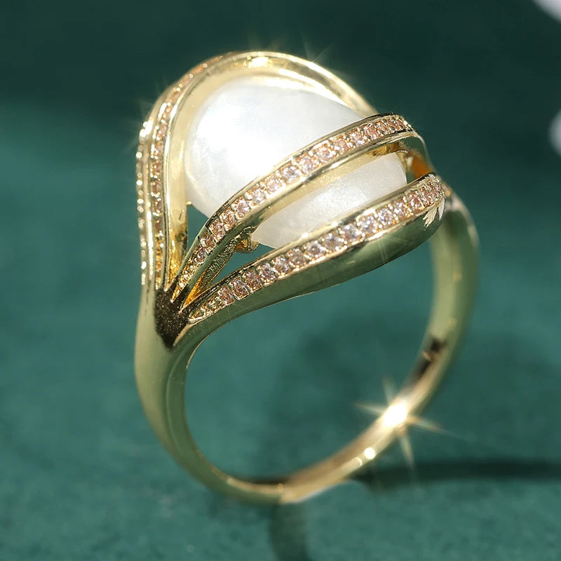 Bold Statement Brass Ring with Large White Faux Pearl & Zircon