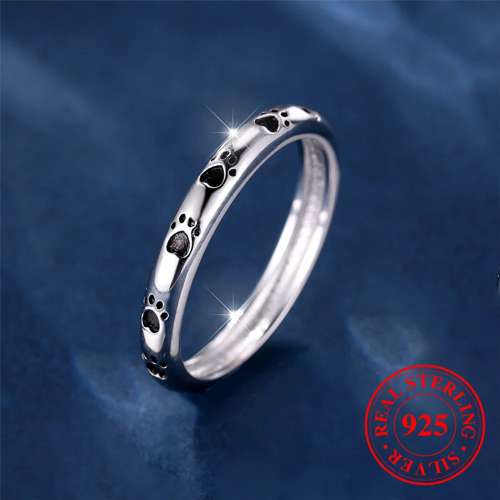 925 Sterling Silver Dog Paw Footprint Band Ring with Black Cubic Zirconia Hearts