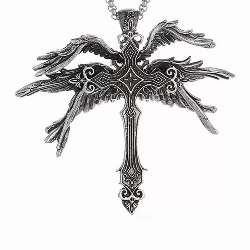 Gothic Wings Cross Pendant Vintage Inspired Zinc Alloy Necklace