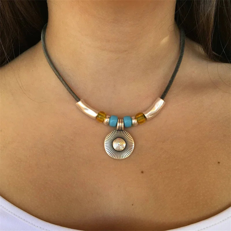 Boho Style Round Pendant Alloy Necklace with Faux Turquoise Beaded Leather Cord