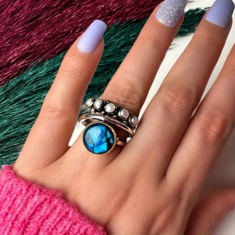 Two-Tone Double Ring with Faux Pearl Blue CZ Stone in Brass - Rare, Unique, Bold!