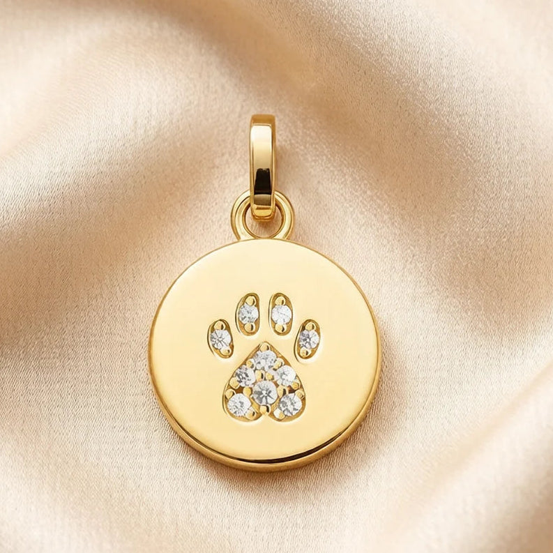 925 Sterling Silver CZ Stones Dog Footprint Paw Pendant - Gold Plated