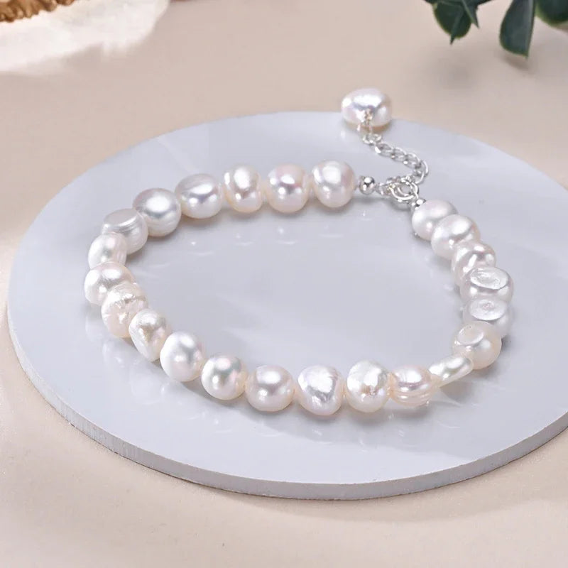 925 Sterling Silver Freshwater 8-9mm White Pearl Bracelet