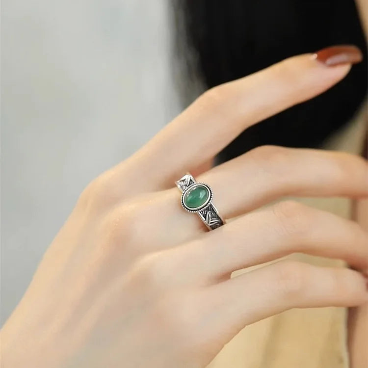 925 Sterling Silver Adjustable Green Stone Ring