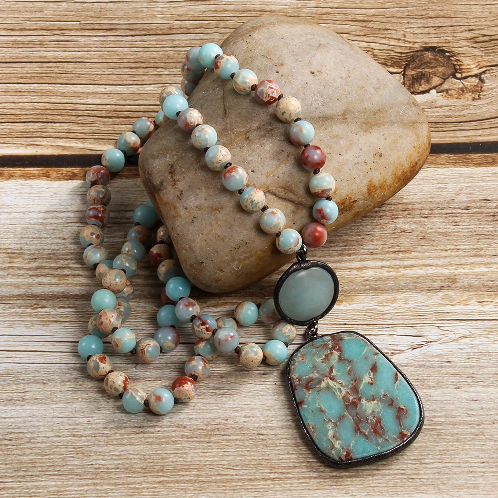 Bohemian Natural Bead Stone Knot Zinc Alloy Long Necklace
