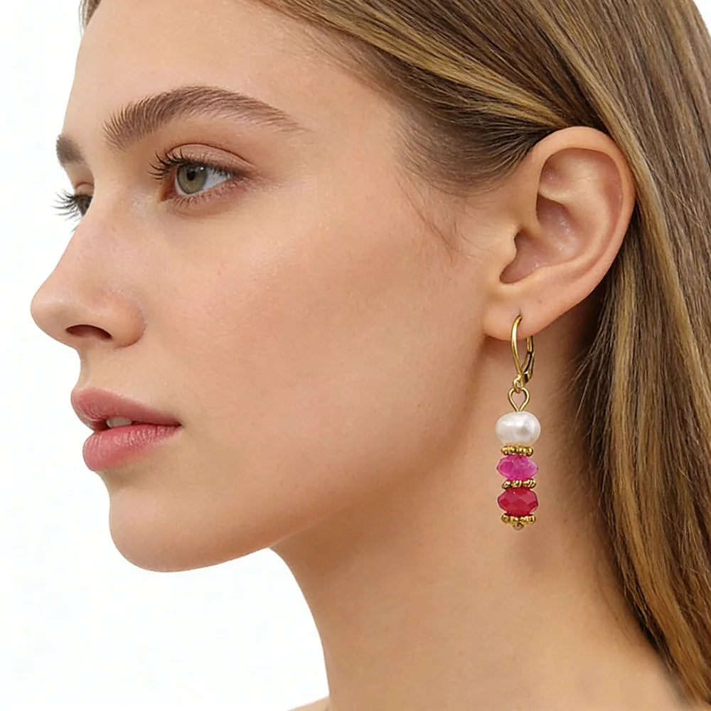 Fresh Water Pearl Crystal Drop Earrings 18K Gold Plated