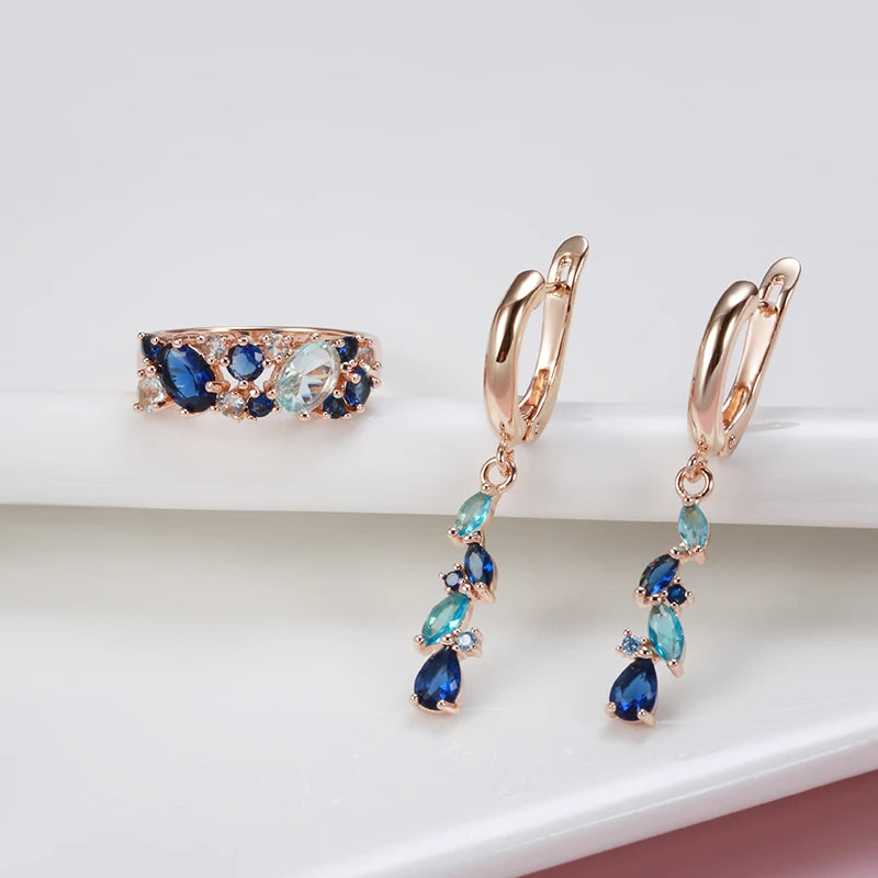14K Rose Gold Plated Copper Earrings & Ring with Blue Natural Zircons