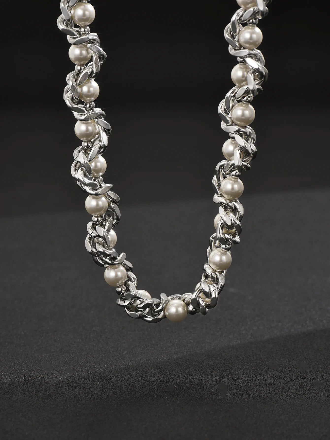 Punk Stainless Steel Thick Chain Pearl Choker Necklace Unisex