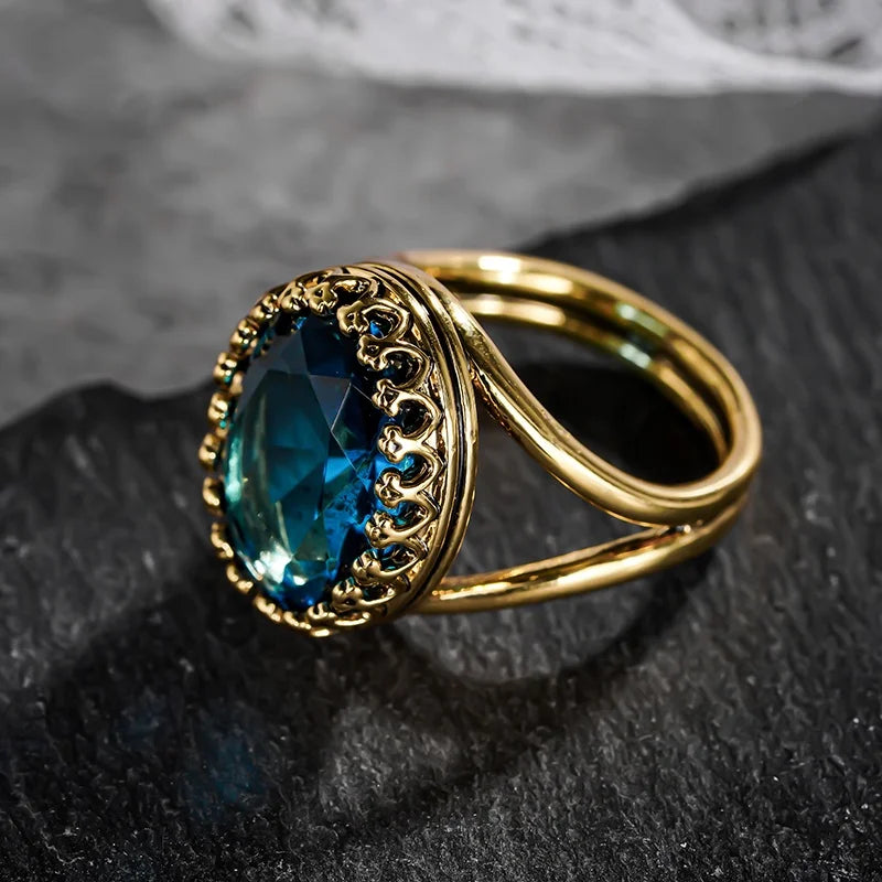 Large Oval Ocean Blue Cubic Zirconia Stone Brass Ring - Cocktail, Bold, Statement