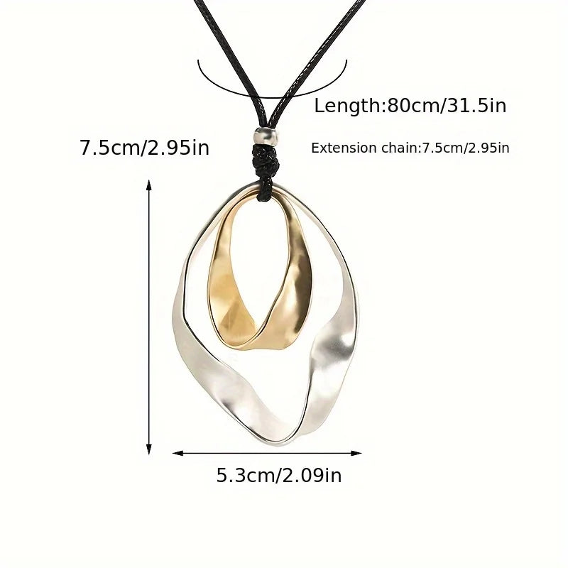 Bold Two-Tone Geometric Circle Zinc Alloy Pendant Long Faux Leather Rope Necklace