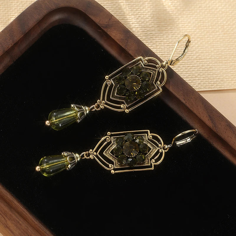 KC Gold Plated Copper Green Stone Earrings - Victorian Edwardian Art Nouveau