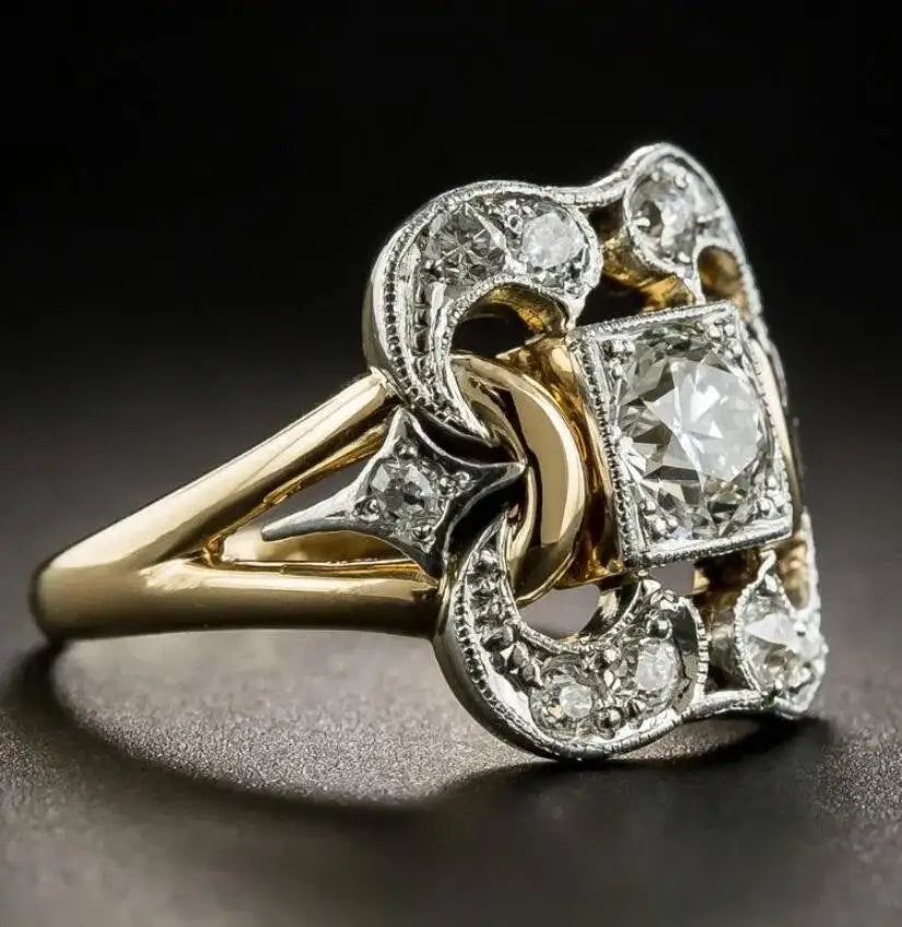 Geometric Two-Tone Zircon Stones Copper Ring - Antique Inspired, Royal, Bold