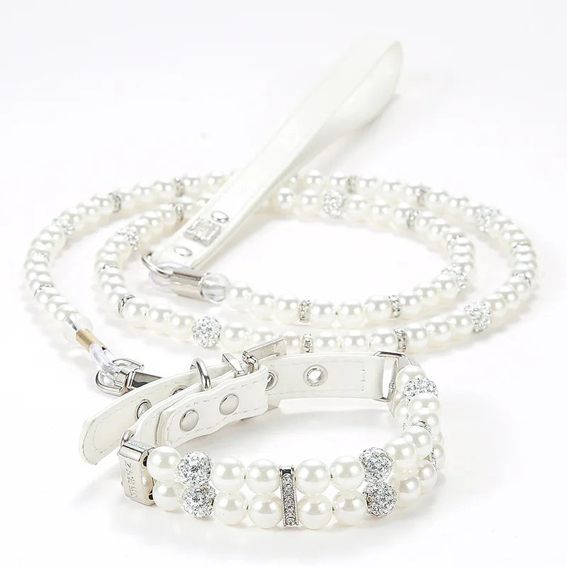 Fashionable Faux Pearl Crystals Adjustable Collar & Leash