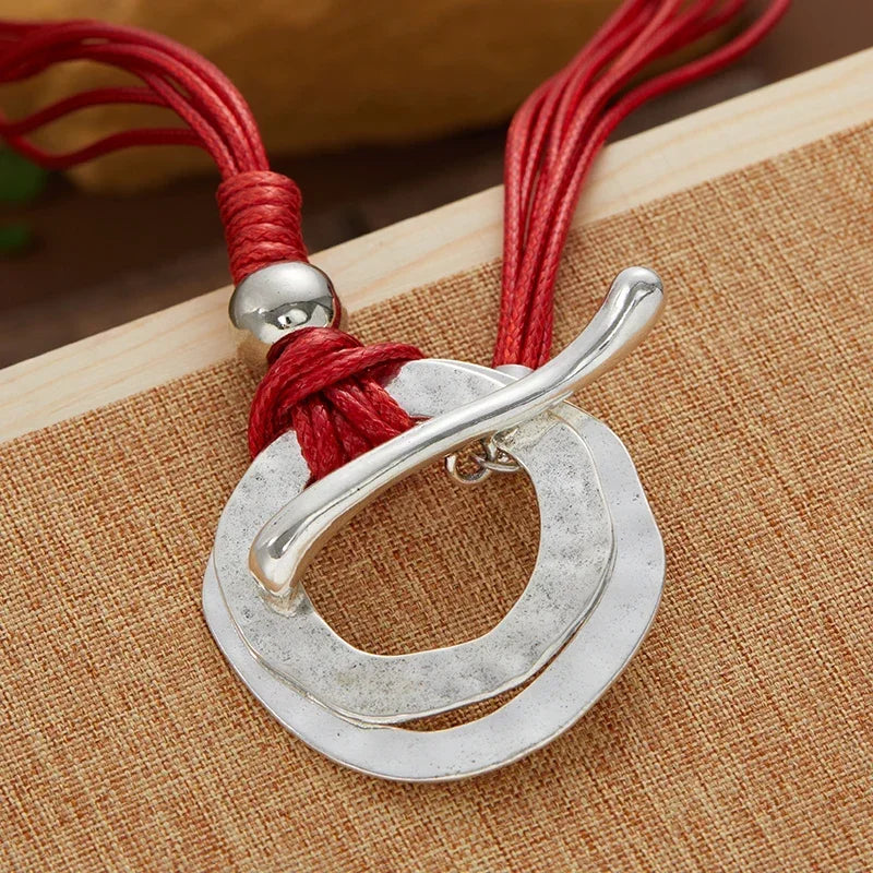 Bold Boho Style Round Alloy Pendant Red Multilayered Rope Necklace