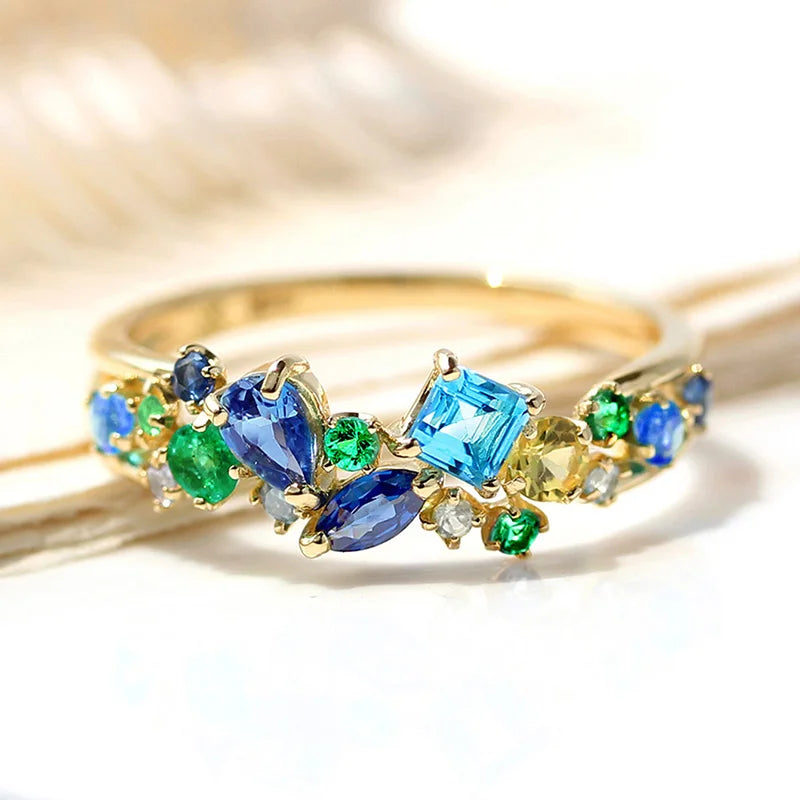 Nature Inspired Blue/Green/Clear Cubic Zirconia Brass Fashion Ring
