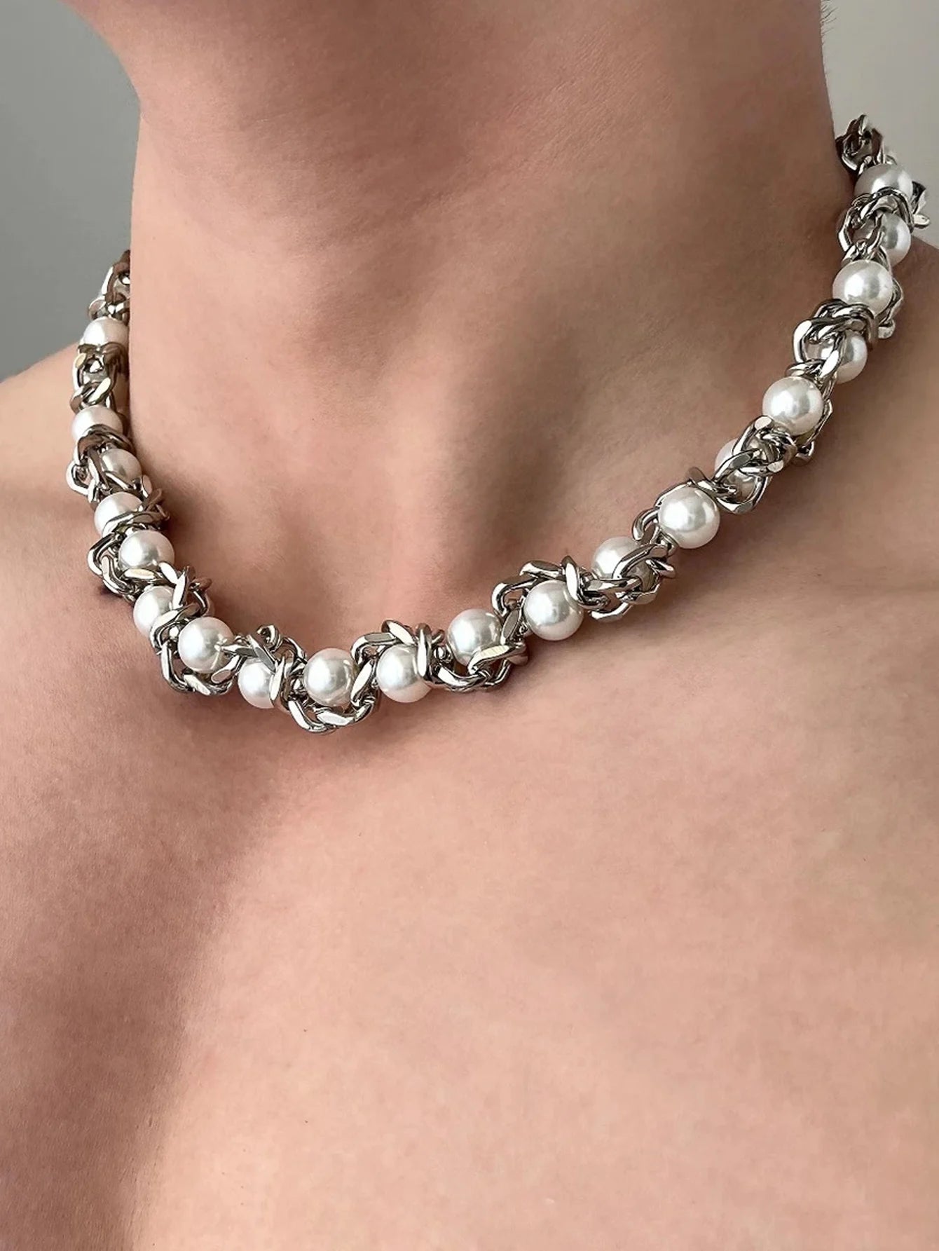 Punk Stainless Steel Thick Chain Pearl Choker Necklace Unisex
