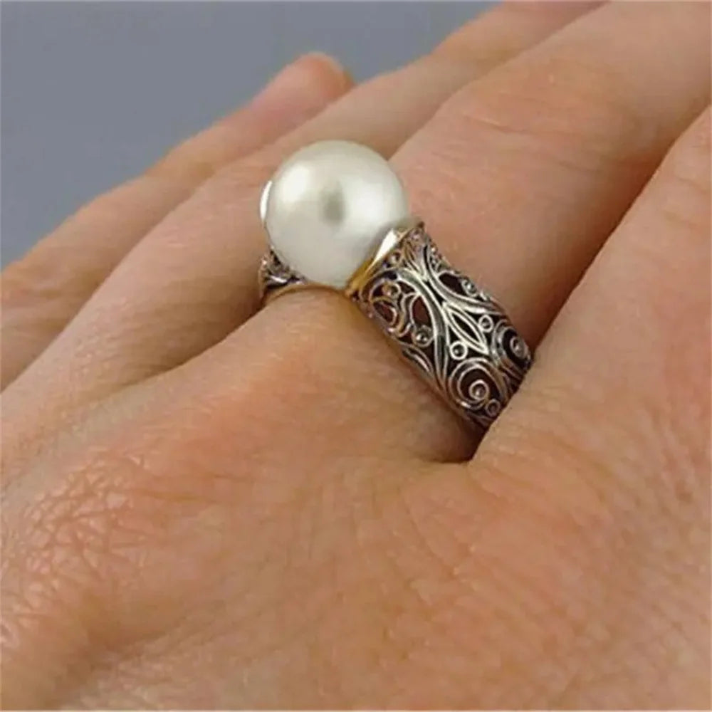 Vintage Inspired Faux White Pearl Two-Tone Ring with Cubic Zirconia & Zinc Alloy