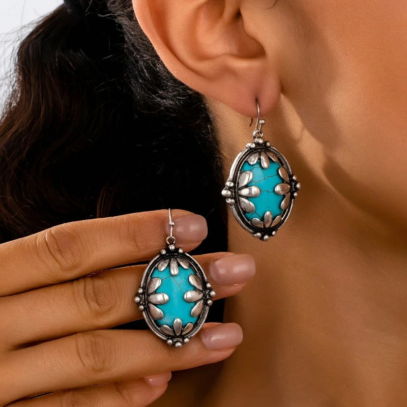 Bohemian Oval Flower Large Turquoise Drop Alloy Earrings