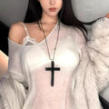 Large Y2K Goth Wood Cross Pendant Zinc Alloy Necklace