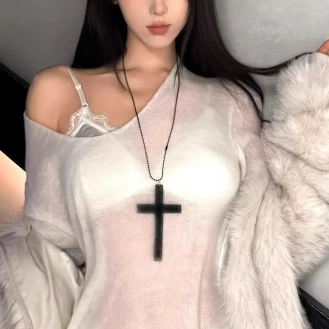 Large Y2K Goth Wood Cross Pendant Zinc Alloy Necklace
