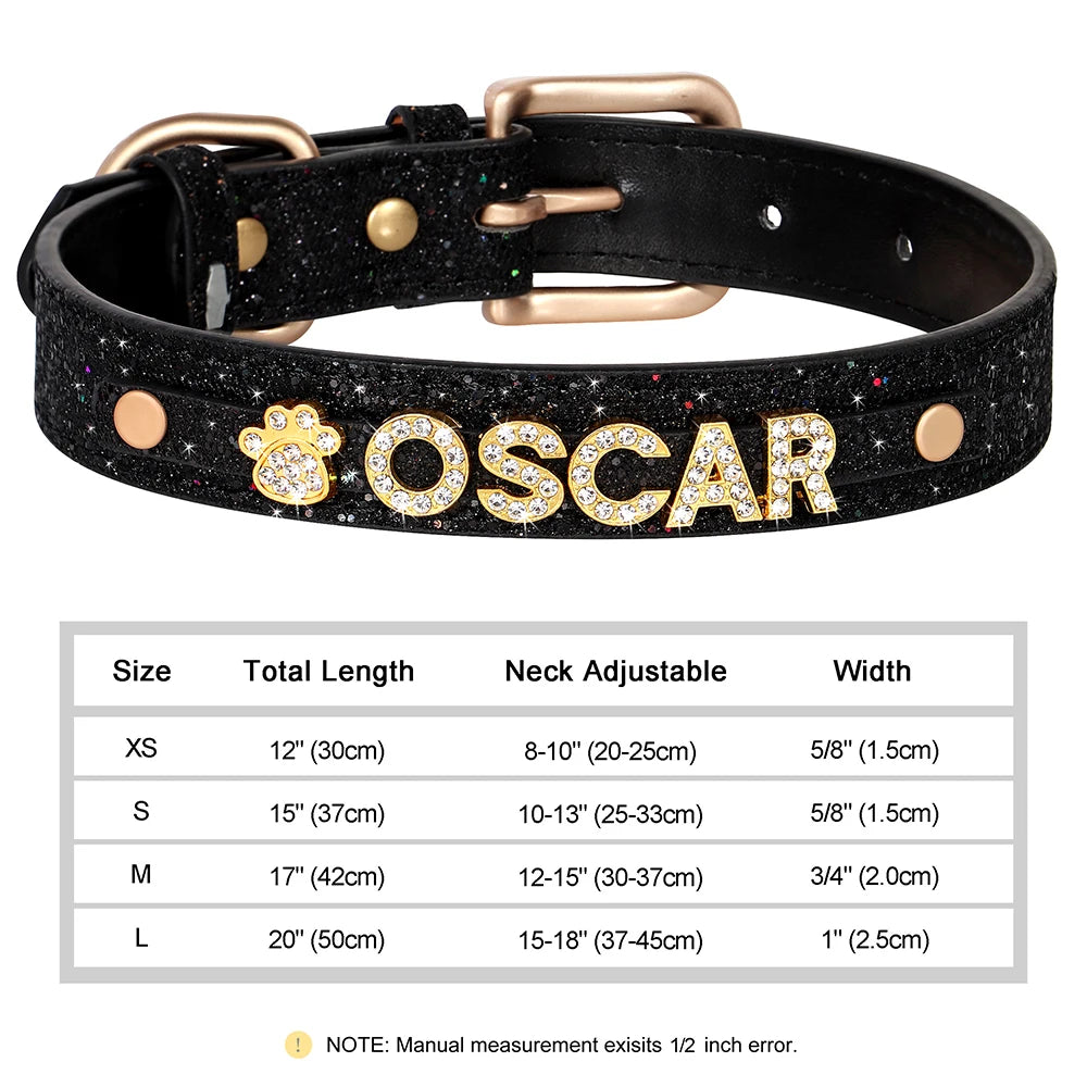 Faux Leather Dog Collar with Rhinestones - Customize, Engrave, Name Tag