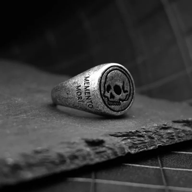 Memento Mori Vintage Enspired Silver Plated Stainless Steel Gothic Engraved Ring