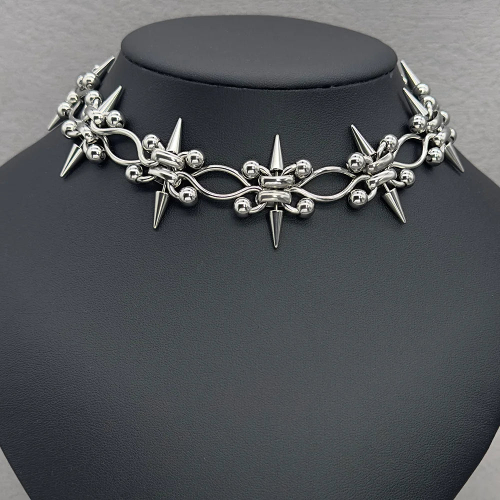 Punk Rock Y2K Piercing Spike Chain Cross Choker & Bracelet Stainless Steel