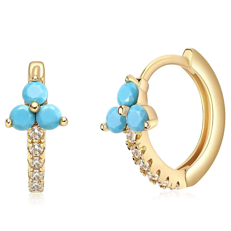 Dainty Hoop 3 Petals Turquoise Flower Alloy Earrings