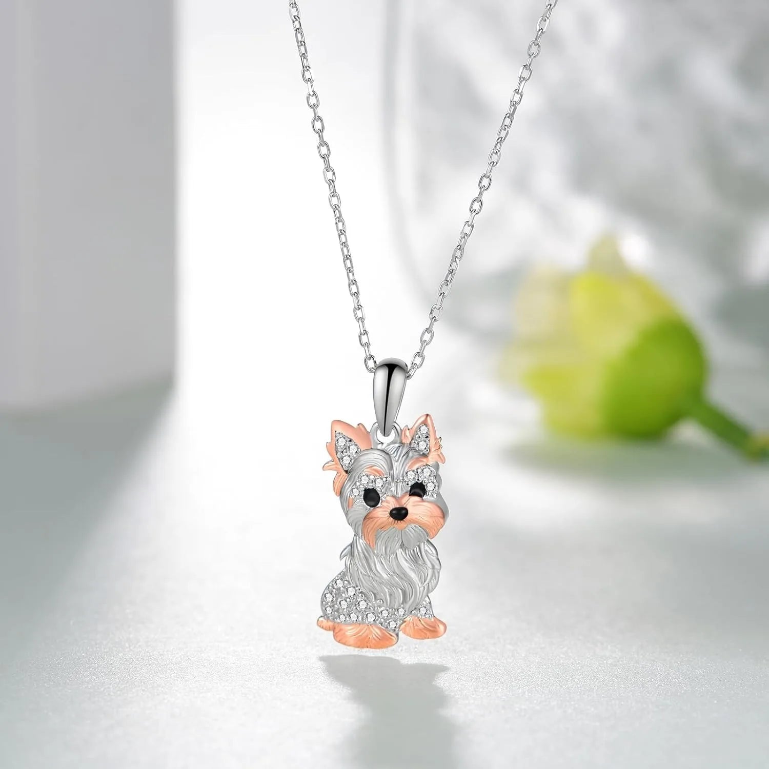 Cute Two-Tone Pink/Silver Gold/Black Yorkshire Dog Pendant Necklace in Zinc Alloy