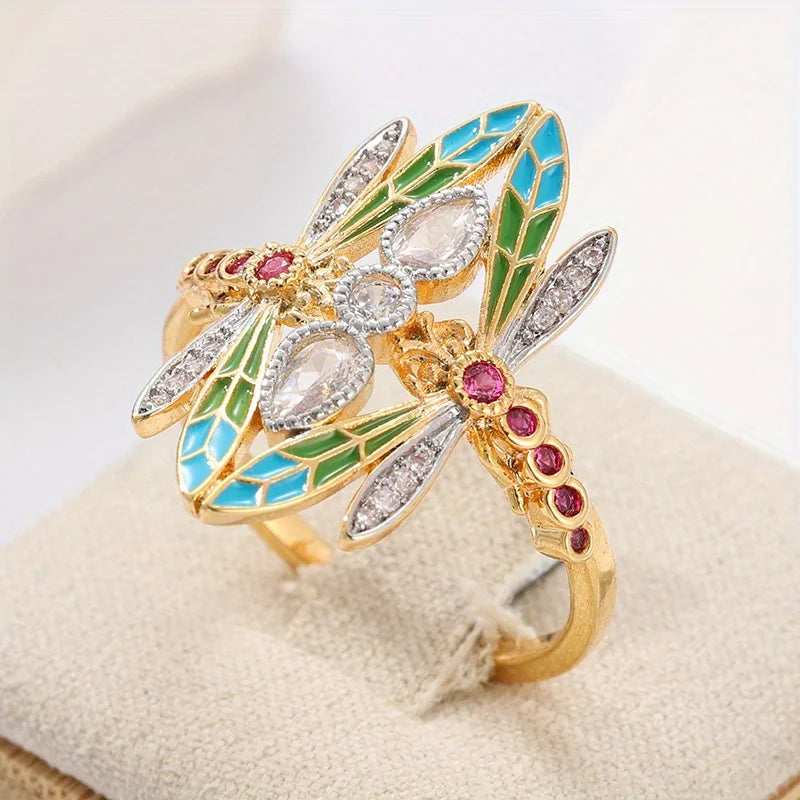 Bold Vintage Inspired Dragonfly Alloy Ring with Blue/Green/Clear CZ Stones