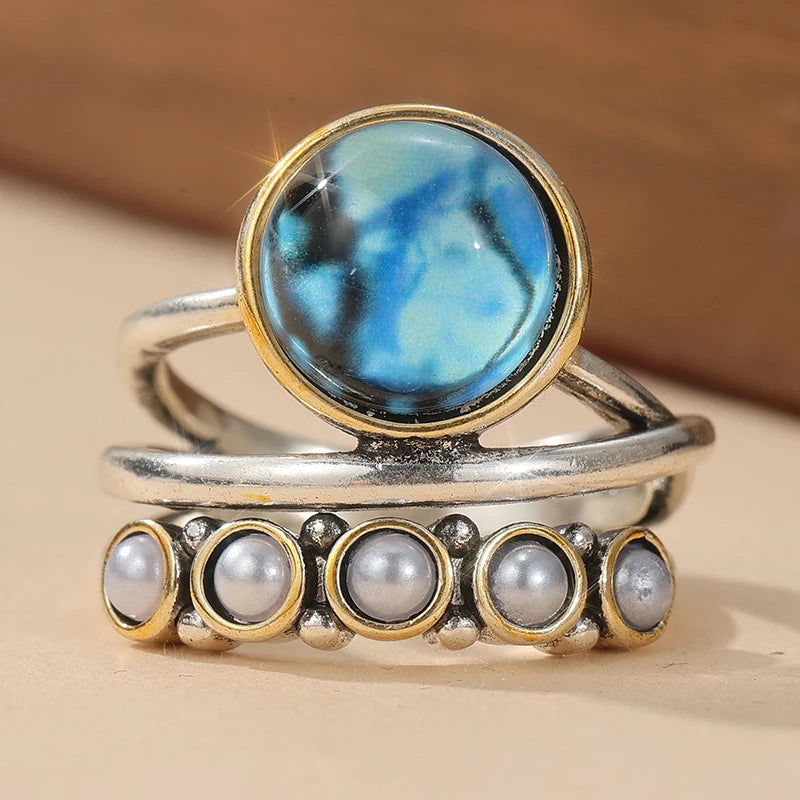 Two-Tone Double Ring with Faux Pearl Blue CZ Stone in Brass - Rare, Unique, Bold!