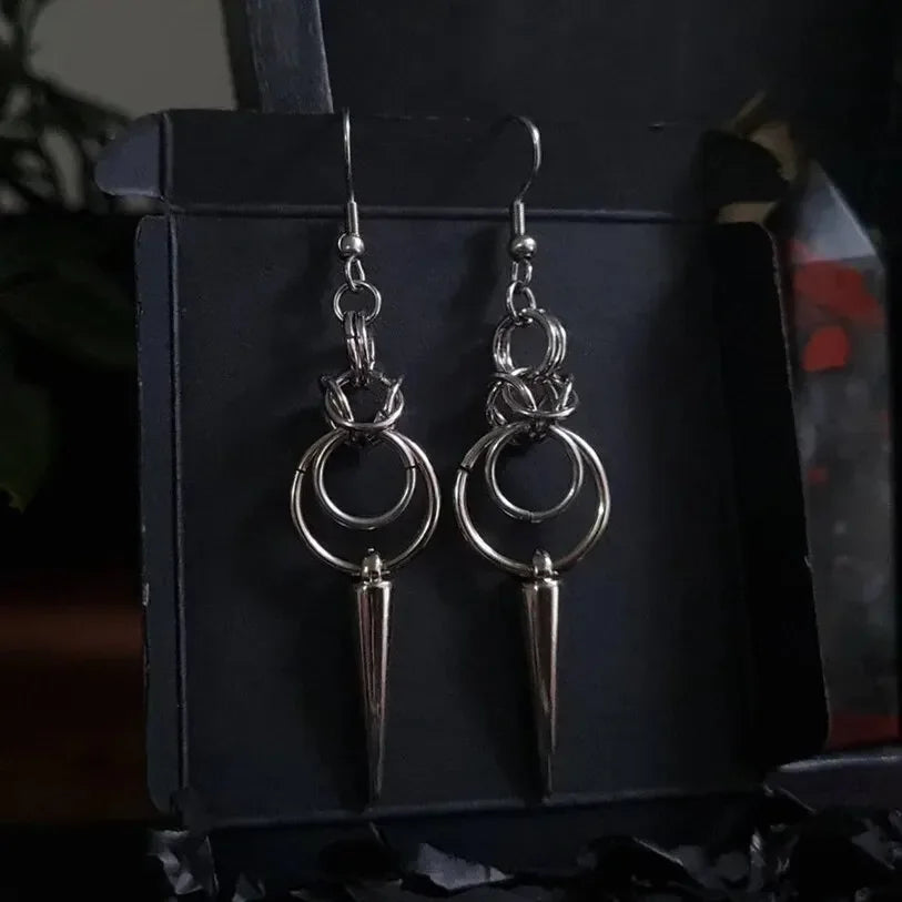 Y2K Gothic Stainless Steel Chainmail Double Loop Spike Earrings