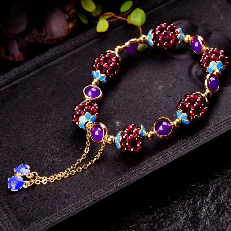 Pomegranate Fruit Blue Flower Tianhe Stone Beaded Strand Bracelet - Nature Inspired Unique