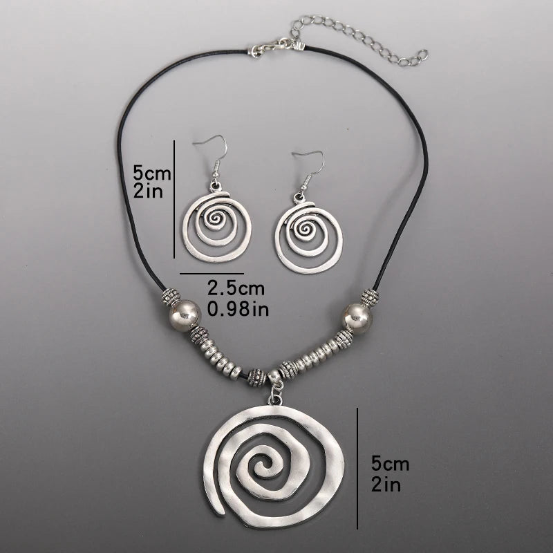Bold Bohemian Style Alloy Spiral Pendant Necklace & Earrings