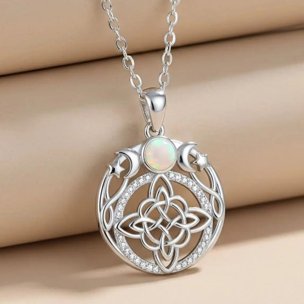 Tibetan Silver-Plated Stainless-Steel Triple Moon Goddess Witch Knot Necklace Opal Zircon Pendant