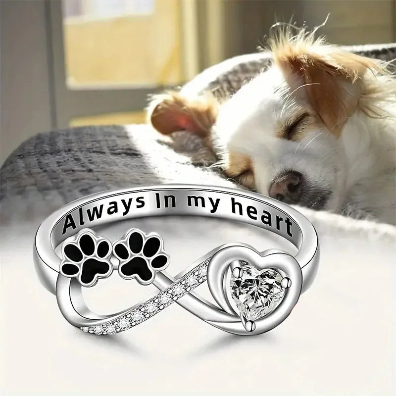 925 Silver Plated "Always in My Heart" Zircon Stones Paws Dog Footprints Ring