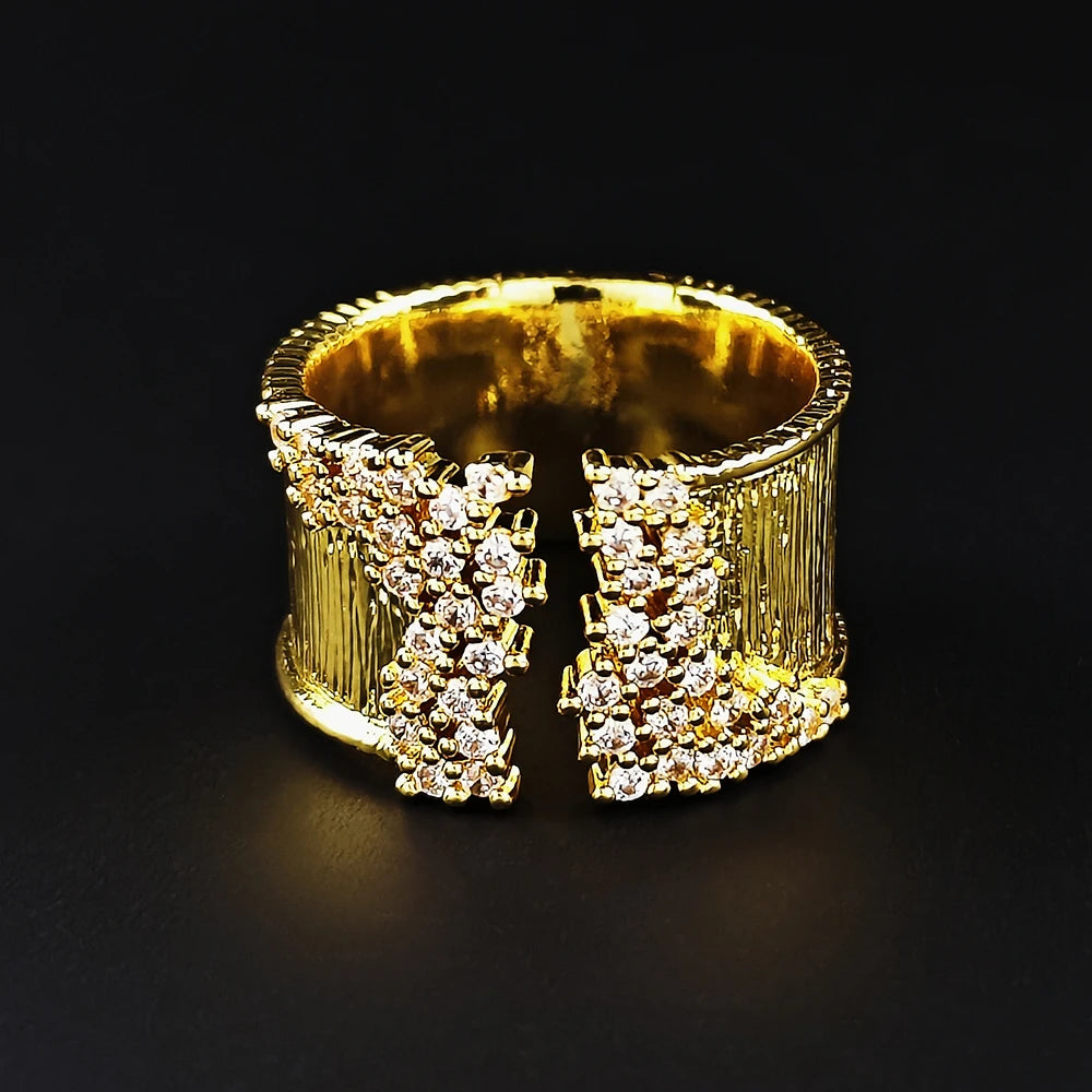 Cubic Zirconia Stones Wide Band Gold Plated Copper Ring with Wiredrawing Effect - Bold, Luxurious, Statement