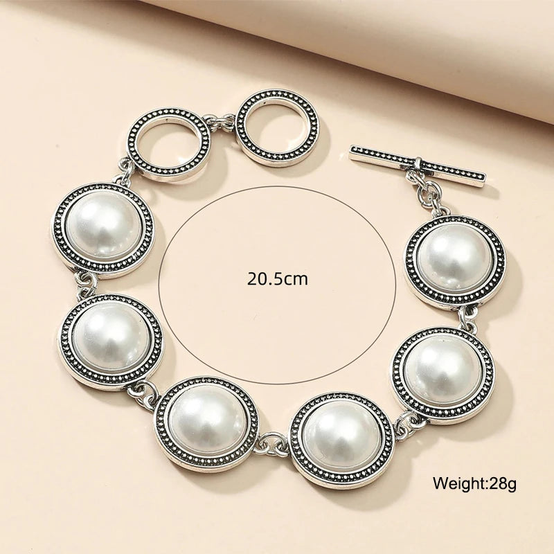 Large Round Faux Pearl Zinc Alloy Bracelet - Boho Style Bold Adjustable