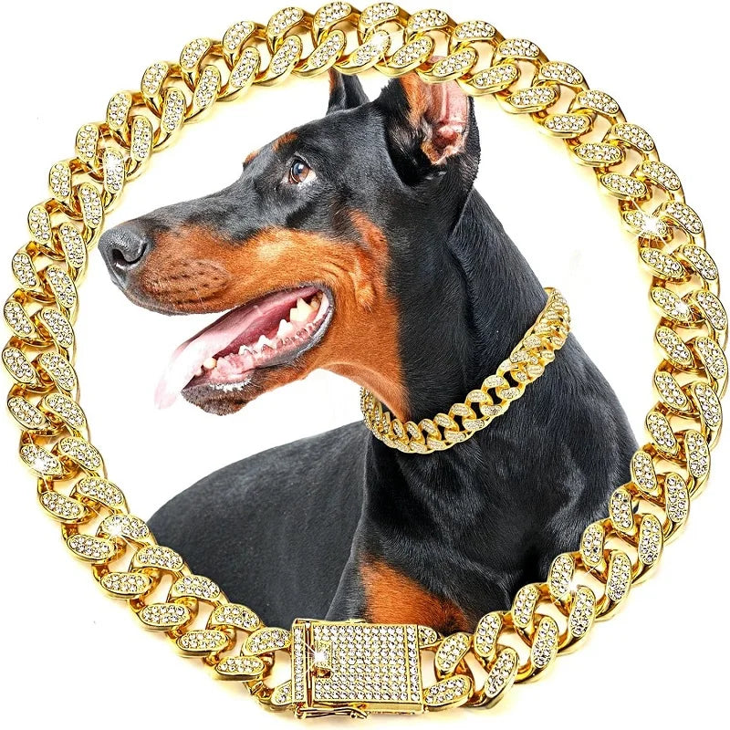Thick Dog Chain Rhinestones Copper Alloy Necklace - Double Safety Clasp