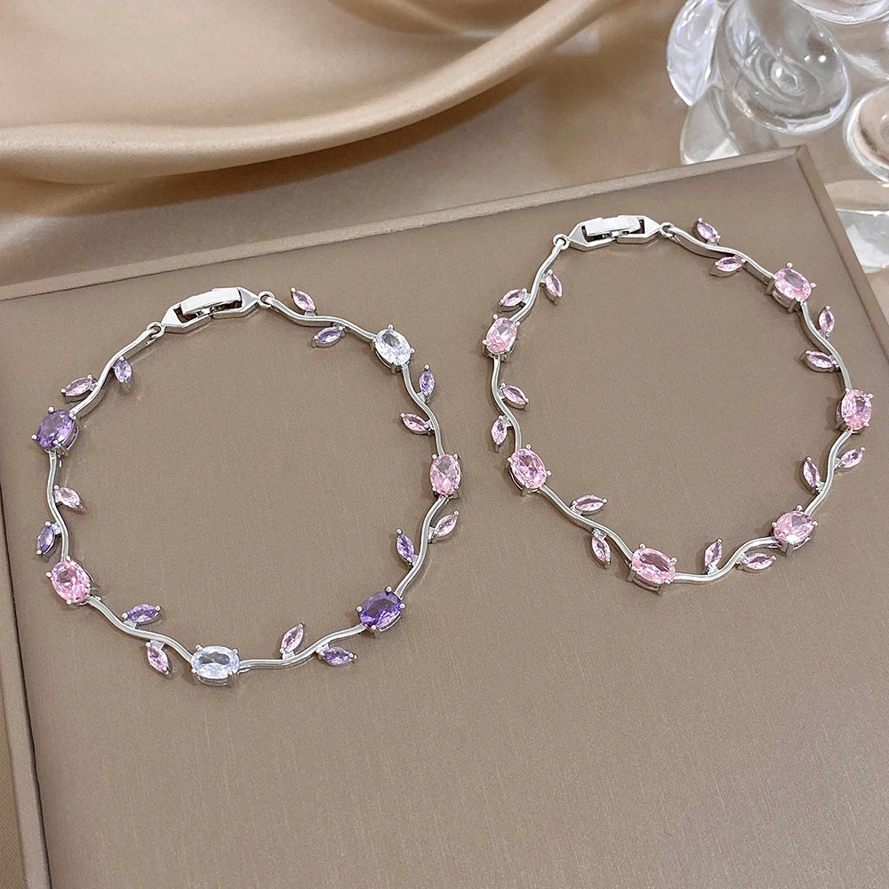 Pink/Purple Zircon Flower Leaf Silver Chain Bracelet in Copper - Elegant, Feminine