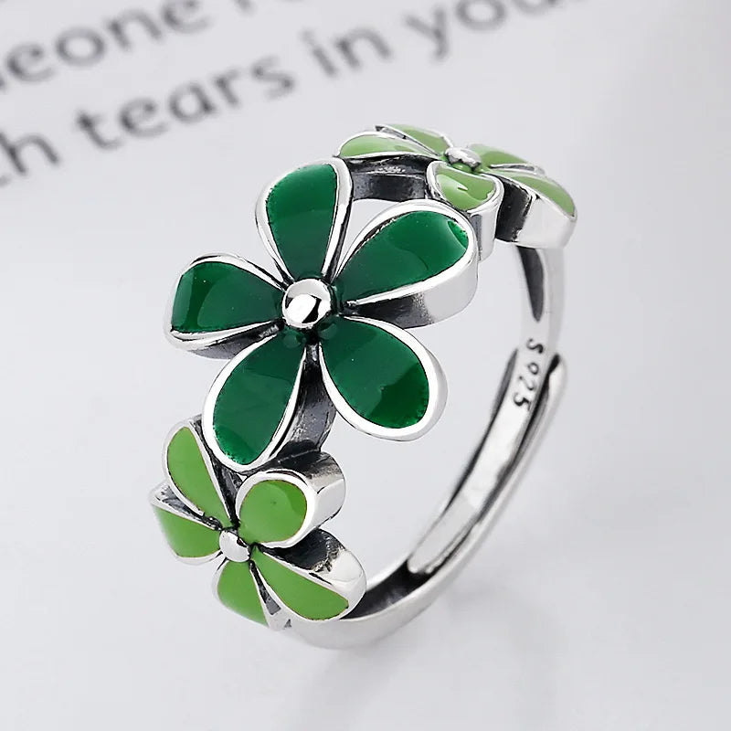 925 Sterling Silver Green Flower Adjustable Ring