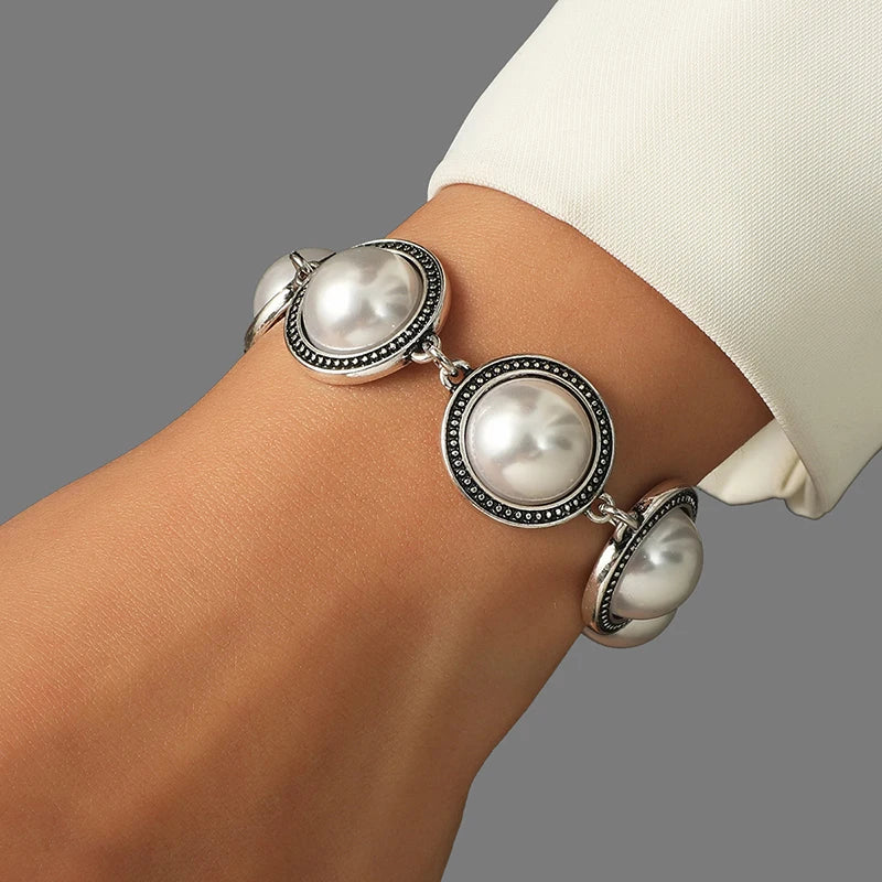 Large Round Faux Pearl Zinc Alloy Bracelet - Boho Style Bold Adjustable