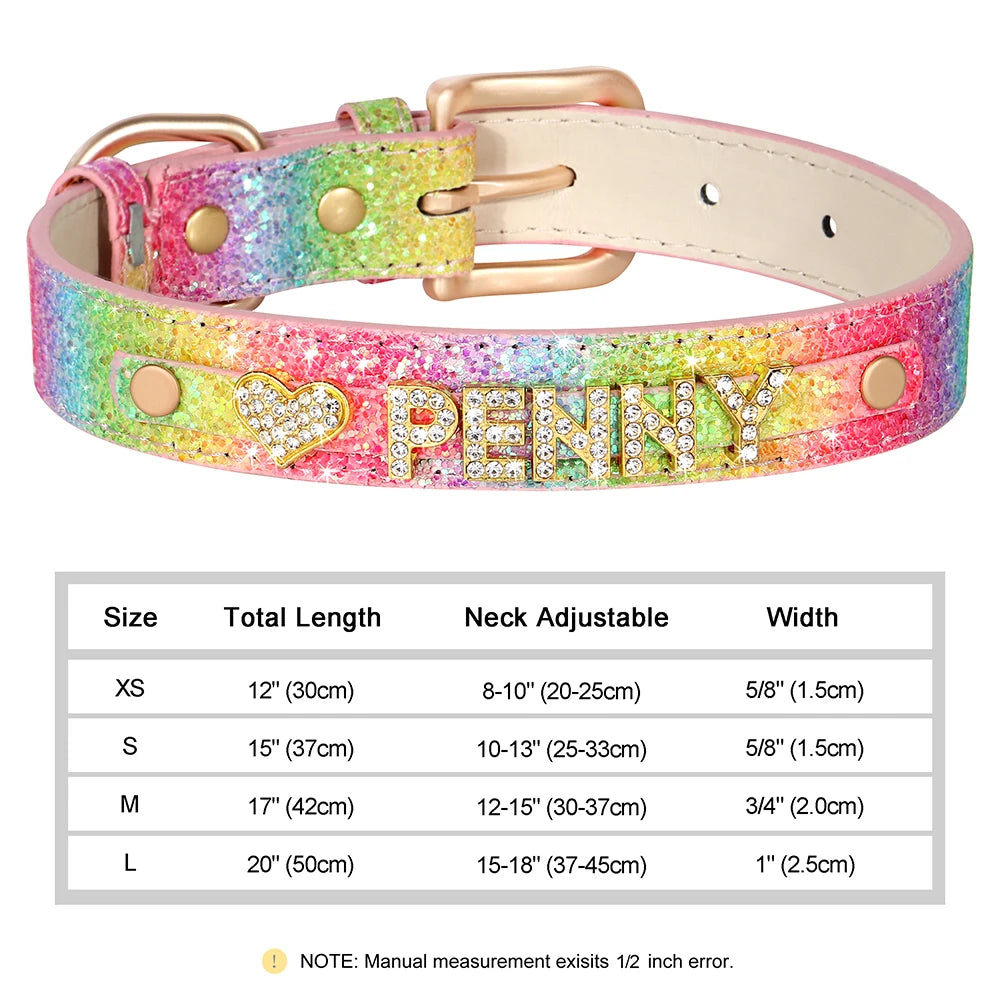 Faux Leather Dog Collar with Rhinestones - Customize, Engrave, Name Tag