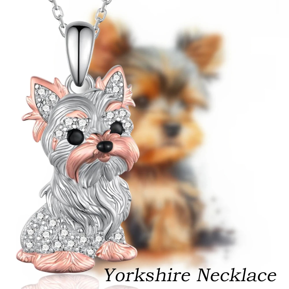 Cute Two-Tone Pink/Silver Gold/Black Yorkshire Dog Pendant Necklace in Zinc Alloy